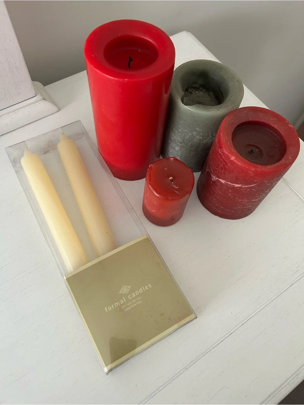 Pillar Candle Set Red, Green & Orange plus 2 Formal Taper Ivory Candles 6 total